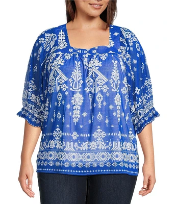 Calessa Plus Size Mesh Knit Border Henna Printed Square Neck Elbow Sleeve Tunic