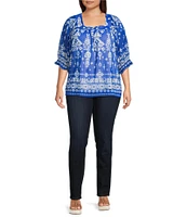 Calessa Plus Size Mesh Knit Border Henna Printed Square Neck Elbow Sleeve Tunic