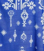 Calessa Plus Size Mesh Knit Border Henna Printed Square Neck Elbow Sleeve Tunic