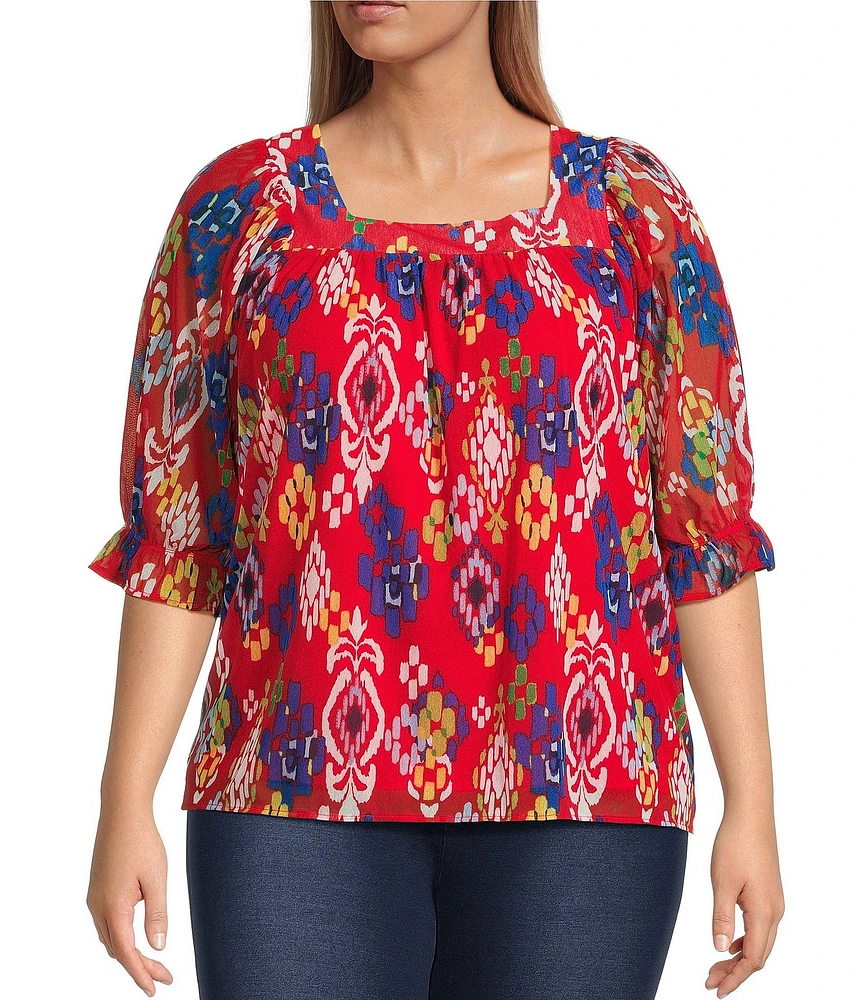 Calessa Plus Size Mesh Knit Printed Square Neck Elbow Sleeve Tunic
