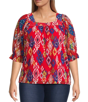 Calessa Plus Size Mesh Knit Printed Square Neck Elbow Sleeve Tunic