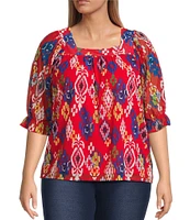 Calessa Plus Size Mesh Knit Printed Square Neck Elbow Sleeve Tunic