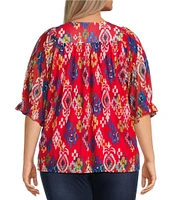 Calessa Plus Size Mesh Knit Printed Square Neck Elbow Sleeve Tunic