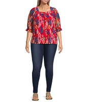 Calessa Plus Size Mesh Knit Printed Square Neck Elbow Sleeve Tunic