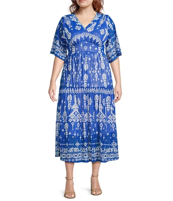 Calessa Plus Size Mesh Knit Printed V-Neck Short Sleeve Maxi Dress