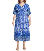 Calessa Plus Size Mesh Knit Printed V-Neck Short Sleeve Maxi Dress