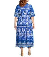 Calessa Plus Size Mesh Knit Printed V-Neck Short Sleeve Maxi Dress