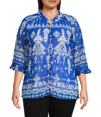 Calessa Plus Size Mesh Knit Split V-Neck 3/4 Sleeve Border Henna Print Tunic