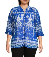Calessa Plus Size Mesh Knit Split V-Neck 3/4 Sleeve Border Henna Print Tunic