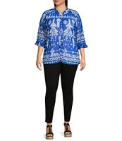 Calessa Plus Size Mesh Knit Split V-Neck 3/4 Sleeve Border Henna Print Tunic