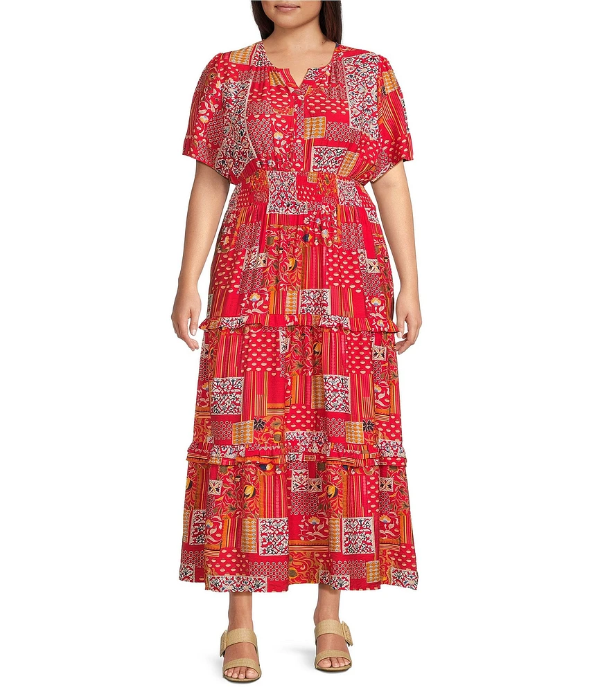 Calessa Plus Size Mini Garden Floral Split V-Neck Short Sleeve Tiered Dress