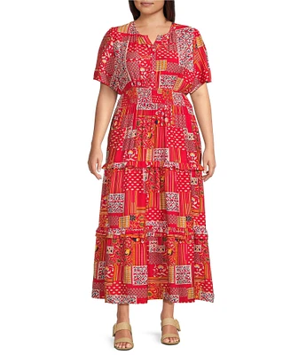 Calessa Plus Size Mini Garden Floral Split V-Neck Short Sleeve Tiered Dress