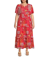 Calessa Plus Size Mini Garden Floral Split V-Neck Short Sleeve Tiered Dress