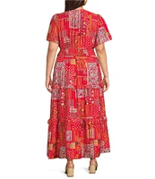 Calessa Plus Size Mini Garden Floral Split V-Neck Short Sleeve Tiered Dress