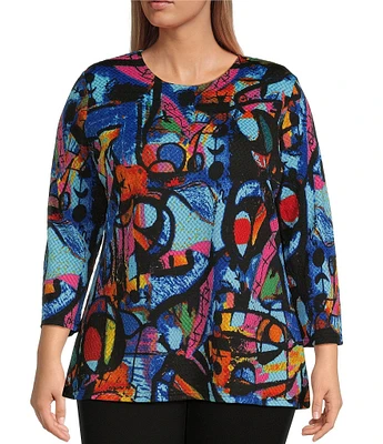 Calessa Plus Size Modern Abstract Print Crew Neck 3/4 Sleeve Tunic