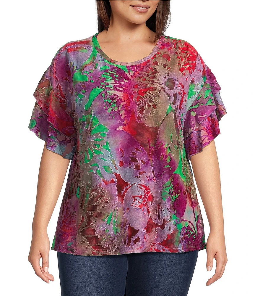 Calessa Plus Size Modern Floral Print Crew Neck Double Layer Short Sleeve Tunic
