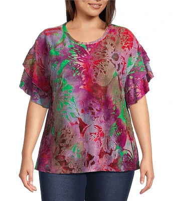 Calessa Plus Size Modern Floral Print Crew Neck Double Layer Short Sleeve Tunic