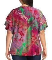Calessa Plus Size Modern Floral Print Crew Neck Double Layer Short Sleeve Tunic