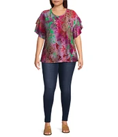 Calessa Plus Size Modern Floral Print Crew Neck Double Layer Short Sleeve Tunic