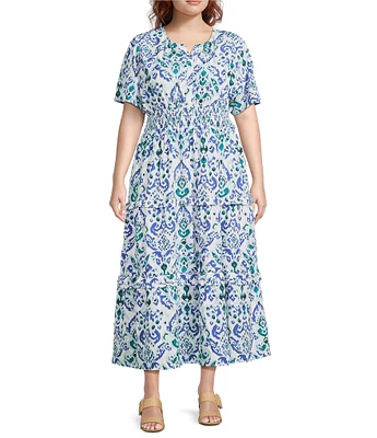 Calessa Plus Size Modern Ikat Print Split V-Neck Short Sleeve Tiered Maxi Dress
