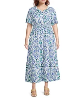 Calessa Plus Size Modern Ikat Print Split V-Neck Short Sleeve Tiered Maxi Dress
