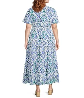Calessa Plus Size Modern Ikat Print Split V-Neck Short Sleeve Tiered Maxi Dress