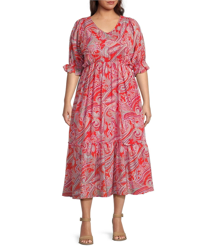 Calessa Plus Size Modern Paisley V-Neck Elbow Sleeve A-Line Tiered Dress