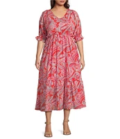 Calessa Plus Size Modern Paisley V-Neck Elbow Sleeve A-Line Tiered Dress