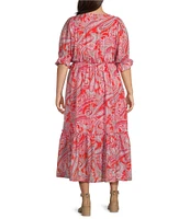 Calessa Plus Size Modern Paisley V-Neck Elbow Sleeve A-Line Tiered Dress