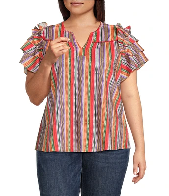 Calessa Plus Size Multi Stripe Split V-Neck Short Ruffle Sleeve Tunic