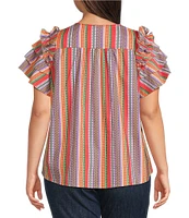 Calessa Plus Size Multi Stripe Split V-Neck Short Ruffle Sleeve Tunic