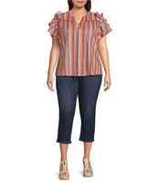 Calessa Plus Size Multi Stripe Split V-Neck Short Ruffle Sleeve Tunic