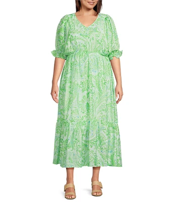 Calessa Plus Size Paisley Print V-Neck Elbow Sleeve Tiered Dress