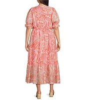 Calessa Plus Size Paisley V-Neck 3/4 Bishop Sleeve Tiered Dress