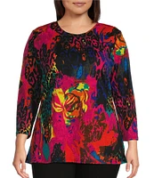 Calessa Plus Size Patchwork Animal Print Crew Neck 3/4 Sleeve Tunic