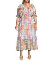 Calessa Plus Size Patchwork Mosaic Print V-Neck Short Sleeve Tiered Dress