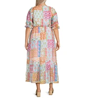 Calessa Plus Size Patchwork Mosaic Print V-Neck Short Sleeve Tiered Dress