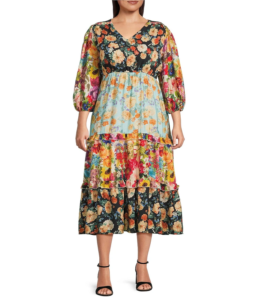 Calessa Plus Size Patchwork Print V-Neck 3/4 Sleeve Tiered A-Line Dress