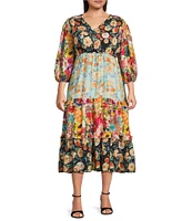 Calessa Plus Size Patchwork Print V-Neck 3/4 Sleeve Tiered A-Line Dress