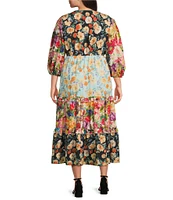 Calessa Plus Size Patchwork Print V-Neck 3/4 Sleeve Tiered A-Line Dress