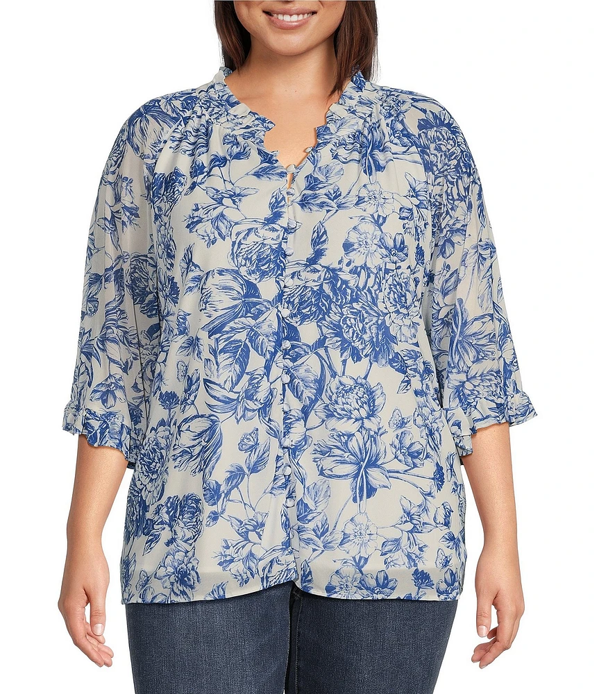 Calessa Plus Size Porcelain Floral Mesh Ruffled Split V-Neck Long Sleeve Button Front Blouse