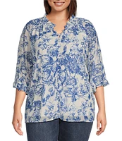 Calessa Plus Size Porcelain Floral Mesh Ruffled Split V-Neck Long Sleeve Button Front Blouse