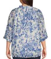 Calessa Plus Size Porcelain Floral Mesh Ruffled Split V-Neck Long Sleeve Button Front Blouse