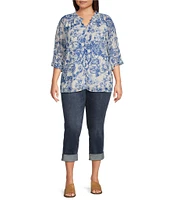 Calessa Plus Size Porcelain Floral Mesh Ruffled Split V-Neck Long Sleeve Button Front Blouse
