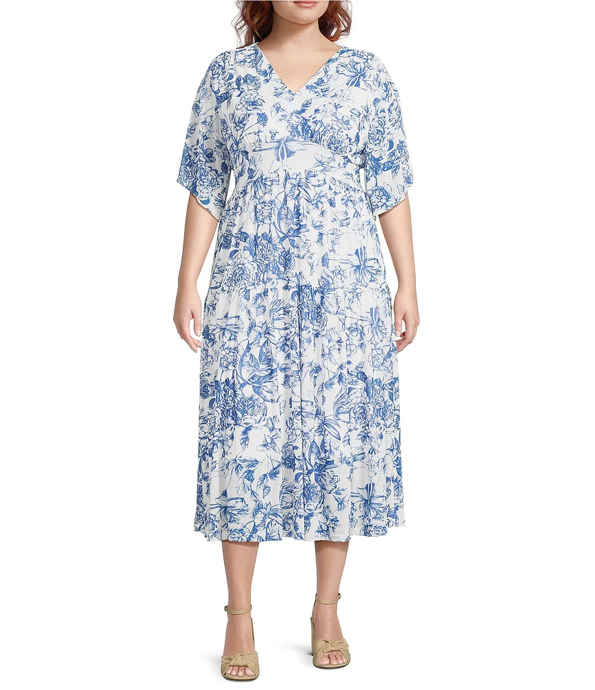 Calessa Plus Size Porcelain Floral Print V-Neck Elbow Sleeve A-Line Tiered Dress