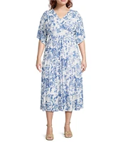 Calessa Plus Size Porcelain Floral Print V-Neck Elbow Sleeve A-Line Tiered Dress