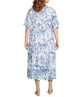 Calessa Plus Size Porcelain Floral Print V-Neck Elbow Sleeve A-Line Tiered Dress