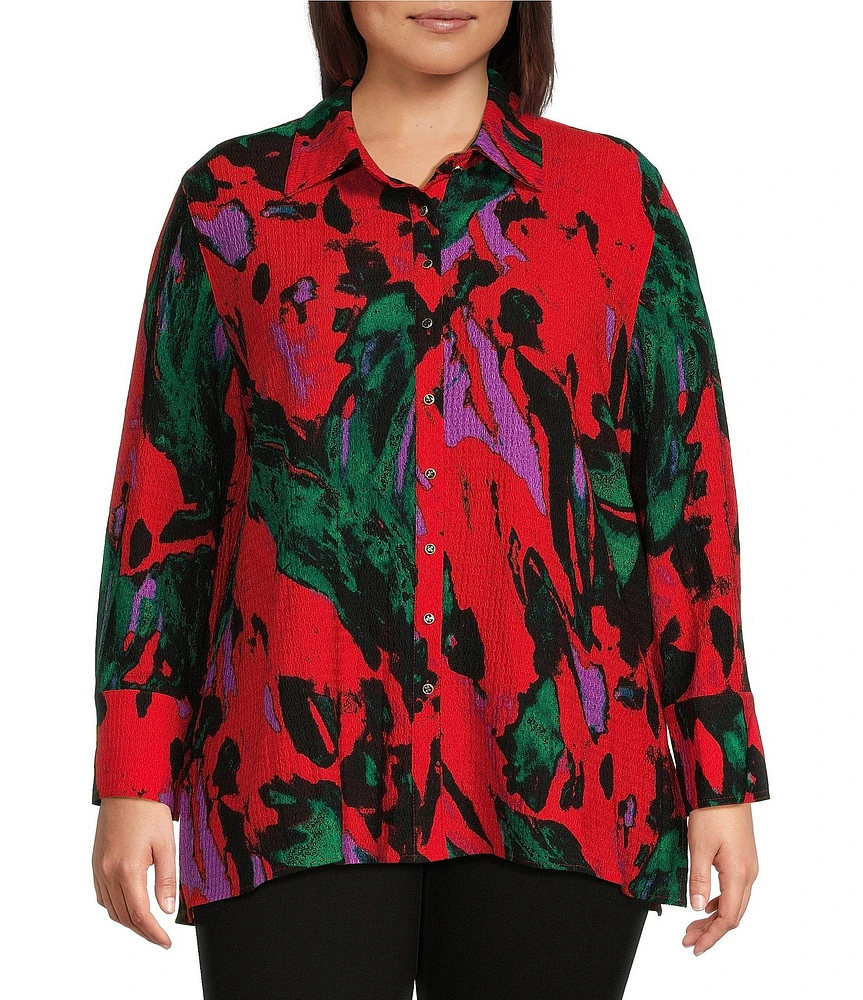 Calessa Plus Size Printed Abstract Collared 3/4 Sleeve Button Down Top