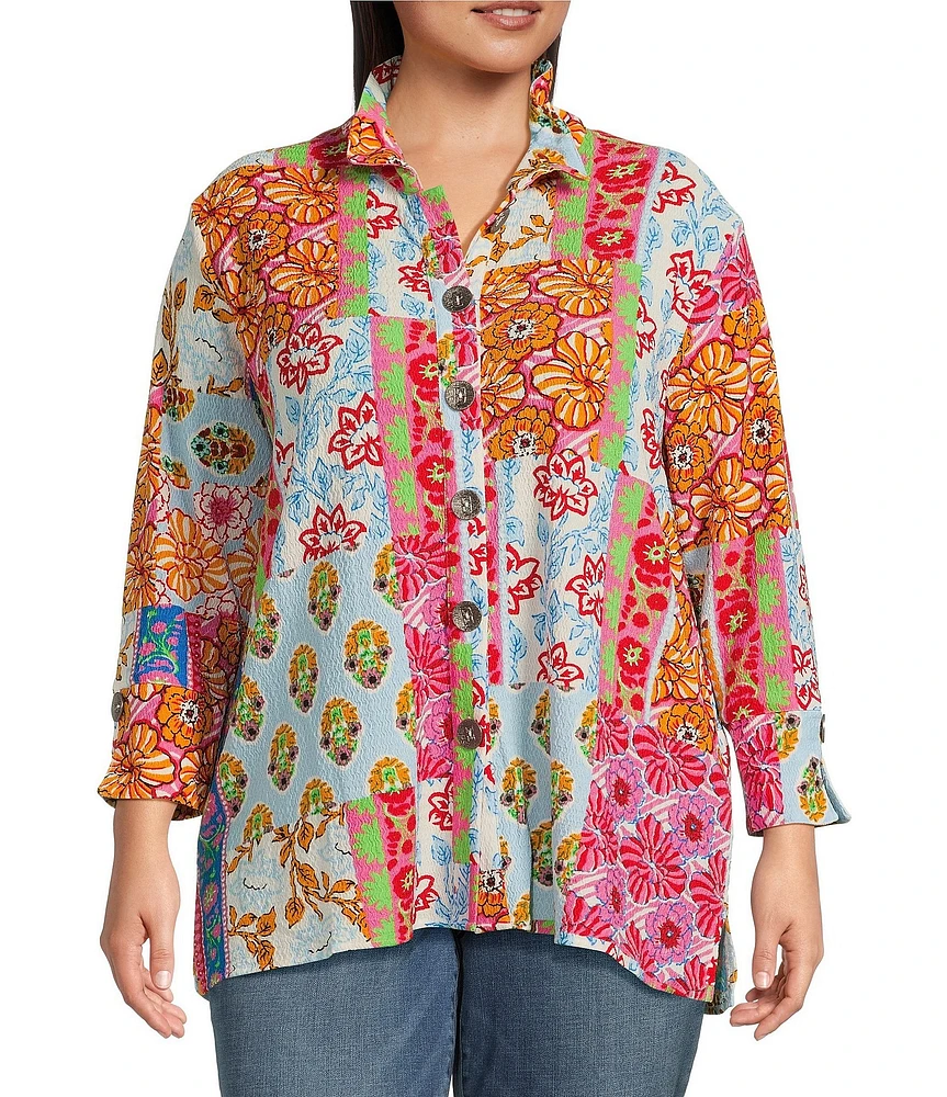 Calessa Plus Size Printed Ruffled Stand Collar Long Sleeve Button Front Tunic