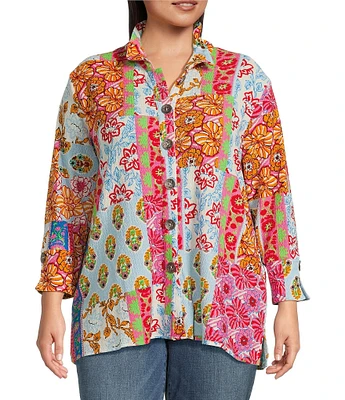 Calessa Plus Size Printed Ruffled Stand Collar Long Sleeve Button Front Tunic